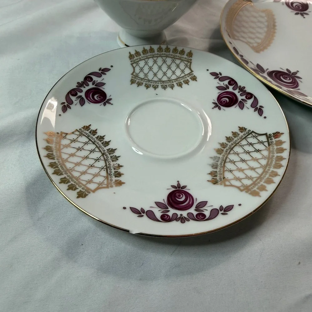 Winterling Roslau Bavaria Tea Cup Saucer Plate Trio Purple Rose Gold Gilt German